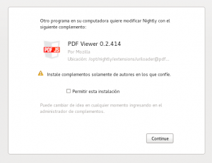 Diálogo para aprobar instalación de pdf.js