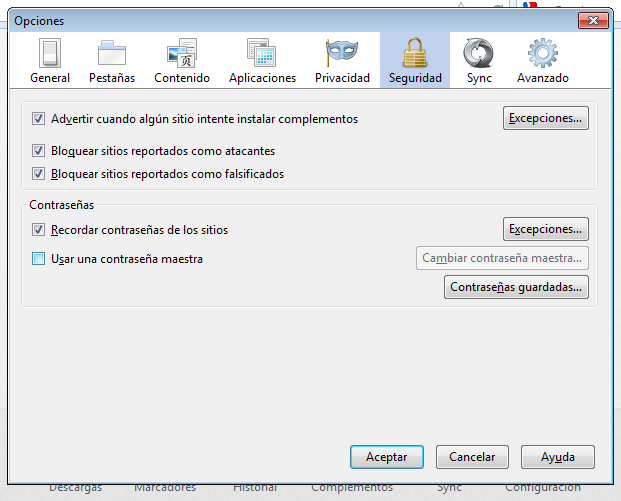 Opciones de Seguridad en Firefox Opciones de Seguridad en Firefox