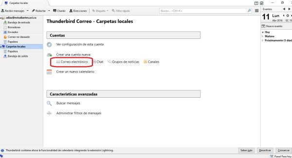 Nos preparamos para añadir una nueva cuenta de correo a ser sincronizada por Mozilla Thunderbird.