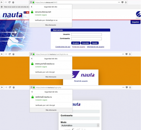 Portal de Usuario, Webmail Nauta, Portal de Autenticación poseen ya certificados de seguridad homologados internacionalmente.
